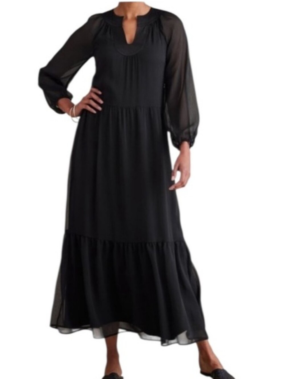 Soft Surroundings Olga Tiered Sheer Maxi Dress In Black Size M